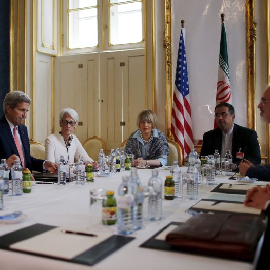 US Secretary of Energy Ernest Moniz, US Secretary of State John Kerry and U.S. Under Secretary for Political Affairs Wendy Sherman (L-3rd L) meet with Iranian Foreign Minister Mohammad Javad Zarif (2nd R) at a hotel in Vienna, Austria June 27, 2015.