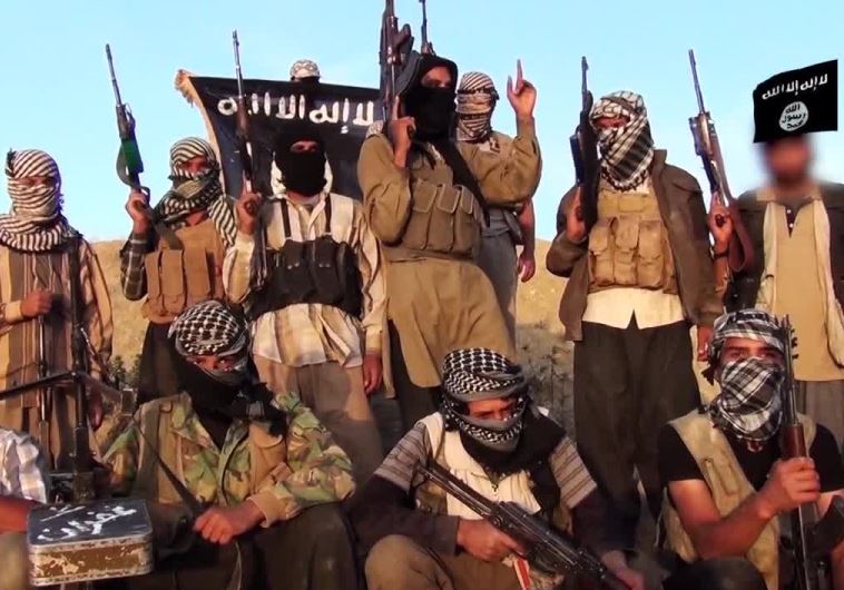 ISIS fighters pose with weapons.