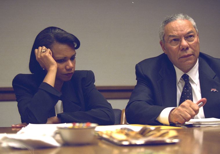 US. Secretary of State Colin Powell (R) and National Security Advisor Condoleezza Rice in the President's Emergency Operations Center in Washington in the hours following the September 11, 2001 attacks.