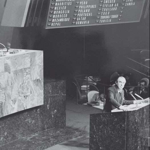 Then-Israeli ambassador to the UN Chaim Herzog addresses the General Assembly condemning Resolution 3379, equating Zionism with racism, on November 10, 1975