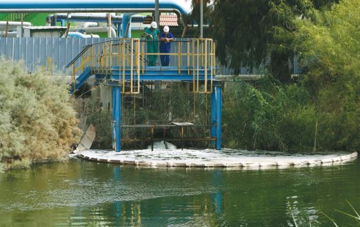 FACTORY WORKERS watch sewage flow into the Kishon River in 2007