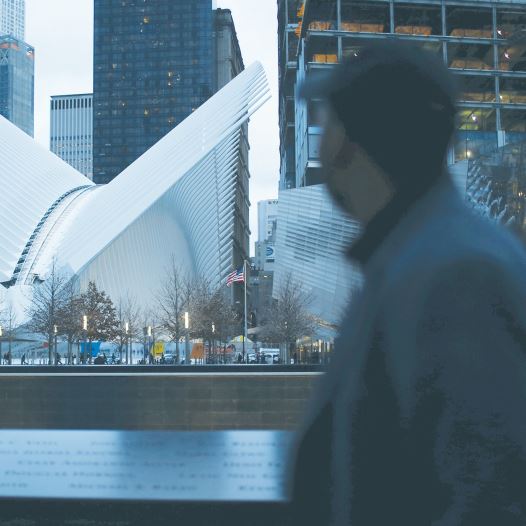 9/11 GROUND ZERO today includes numerous skyscrapers and the recently opened World Trade Center Transportation Hub designed by Santiago Calatrava.
