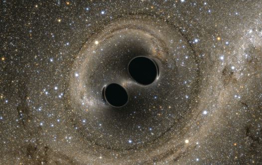 The collision of two black holes, a tremendously powerful event detected for the first time ever by the Laser Interferometer Gravitational-Wave Observatory (LIGO), is seen in this still image from a computer simulation released in February last year