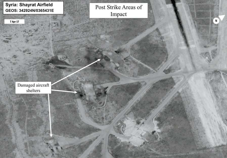 BATTLE DAMAGE assessment image of Shayrat Airfield, Syria, released by the Pentagon following US Tomahawk strikes.
