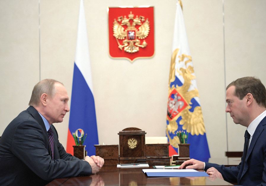RUSSIA’S PRESIDENT Vladimir Putin meets with Prime Minister Dmitry Medvedev at the Novo-Ogaryovo state residence outside Moscow.