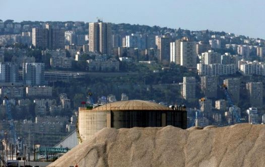Haifa Chemicals' ammonia tank, Israel's largest ammonia tank, is seen in the Haifa bay area