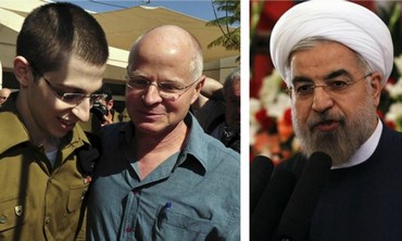 Freed IDF soldier Gilad Schalit, his father Noam, and Iranian President Hassan Rouhani