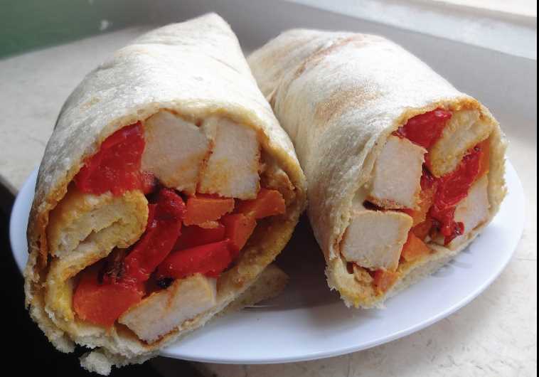 Hummus, Chicken and Veggie Wraps.