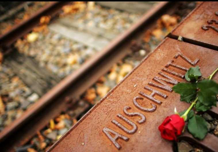 A red rose lies at Gleis 17 (platform 17) holocaust memorial at a former cargo railway station in Berlin-Grunewald