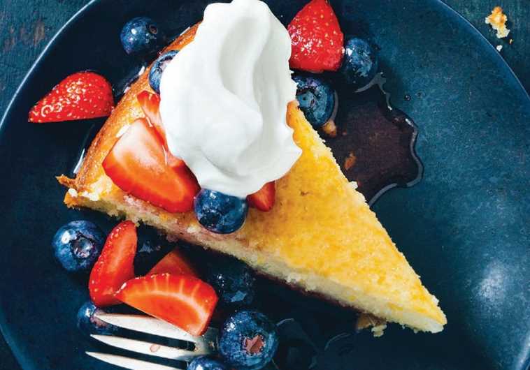 Janet Fletcher's Golden Yogurt Cake, served with honey-flavored yogurt cream
