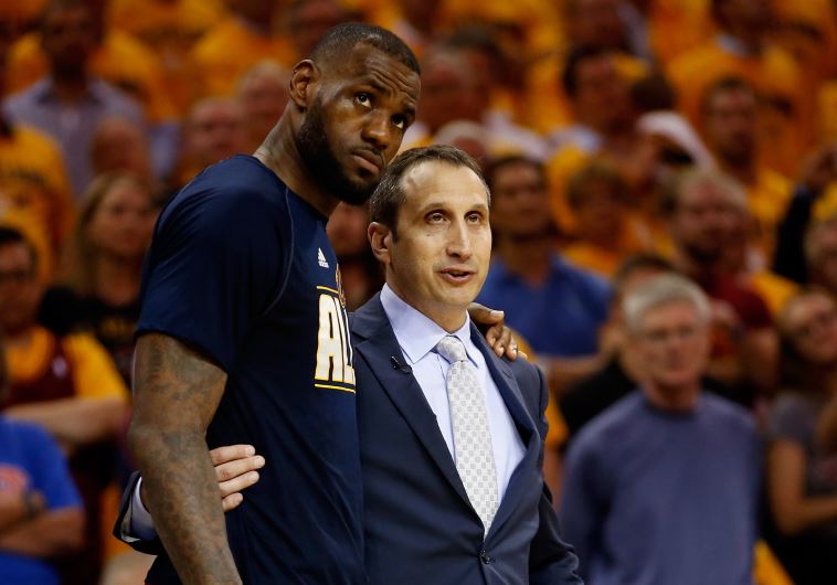LeBron James #23 of the Cleveland Cavaliers and head coach David Blatt.