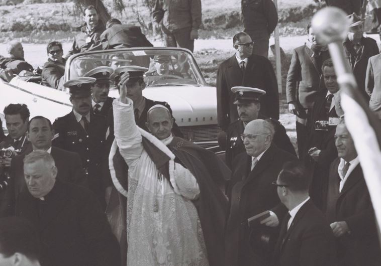 Pope Paul VI at Meggido in 1964: He made sure the name Israel would never escape his lips. President Zalman Shazar stands to his right.