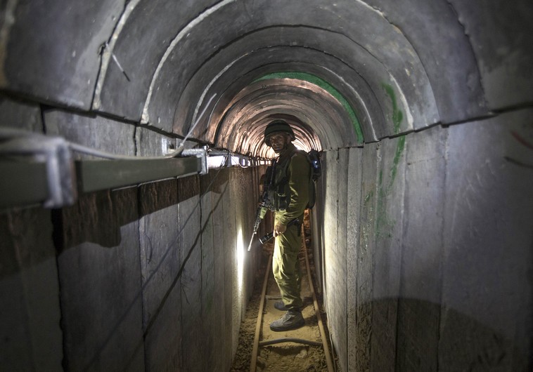 An Israeli army officer during an army organized tour for journalists in a tunnel said to be used by Palestinian terrorists for cross-border attacks