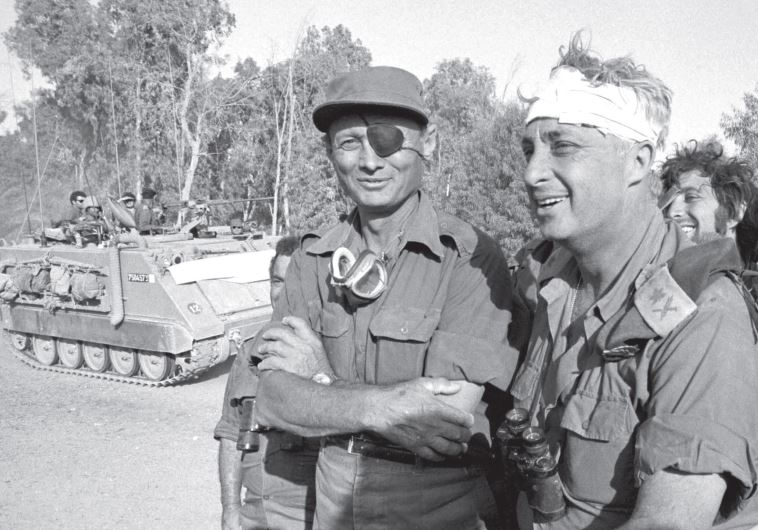 Moshe Dayan (left) and Ariel Sharon on the western side of the Suez Canal in October 1973.