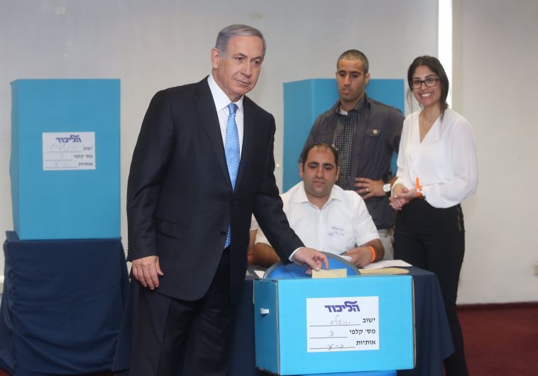 Prime Minister Benjamin Netanyahu votes in Likud central committee elections
