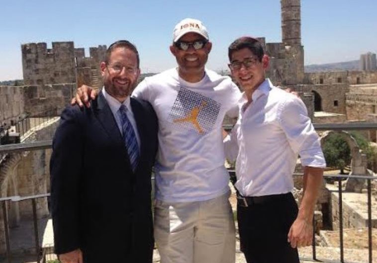 FORMER YANKEES star Mariano Rivera flanked by Rabbi Dov Lipman and Shlomo Lipman in the capital.
