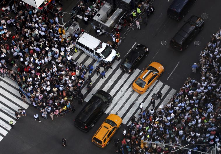 Some of several thousand protestors crowd into 7th Avenue at 42nd street as they demonstrate during a rally opposing the nuclear deal with Iran in Times Square
