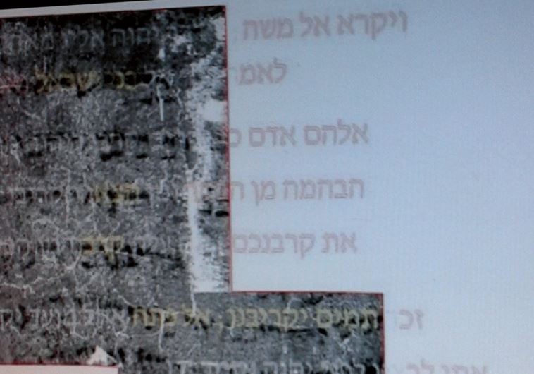 The first eight lines of Leviticus virtually unrolled from a burnt Torah scroll, placed alongside the same text for comparison’s sake.