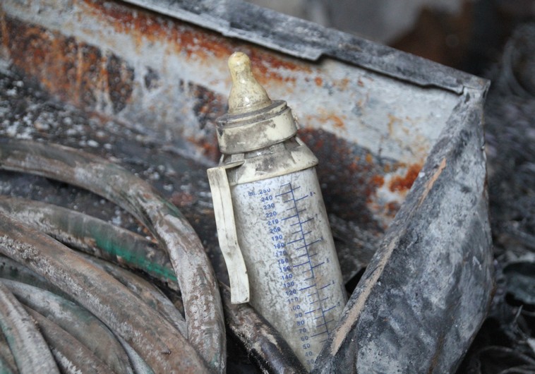 A burnt baby bottle found in the bedroom where the Dawabsha family slept when Israeli terrorists threw a molotov cocktail through the window