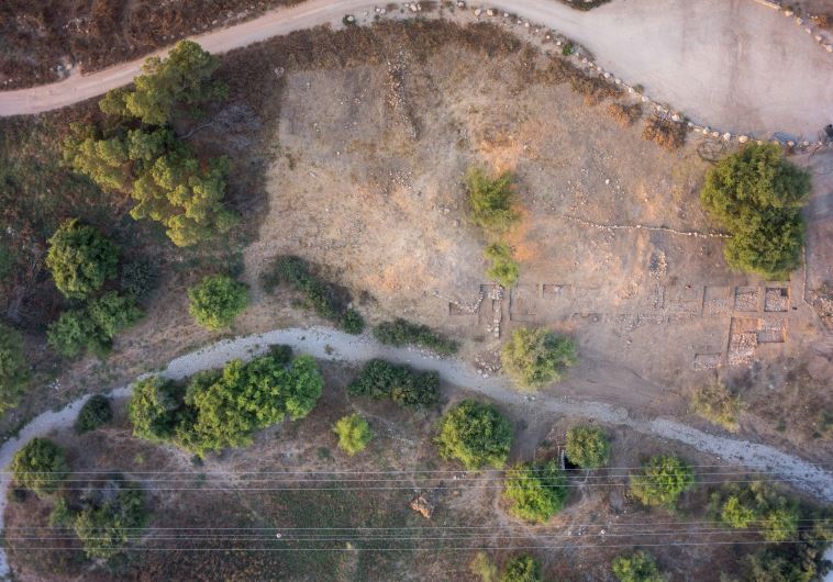 Aerial view of the lower city of Philistine Gath with Iron Age fortifications and gate in foreground 