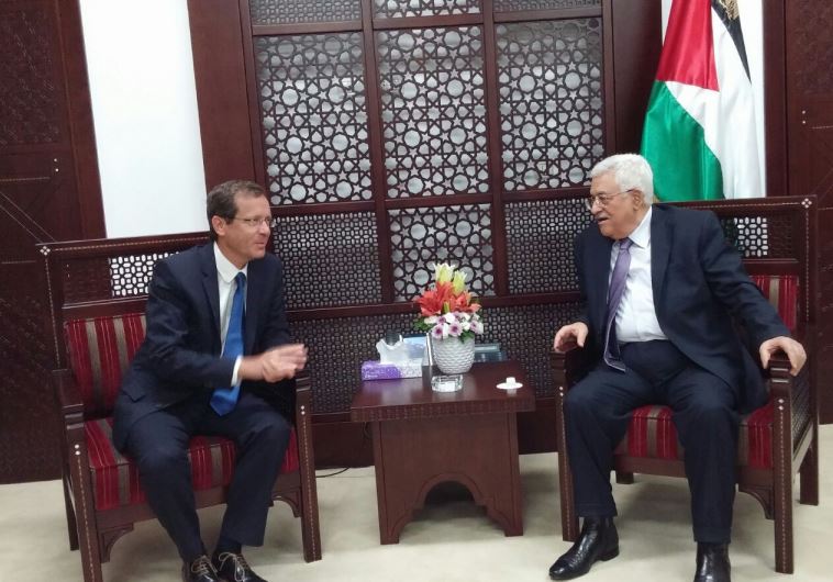 Opposition leader Isaac Herzog meets Palestinian Authority President Mahmoud Abbas in Ramallah