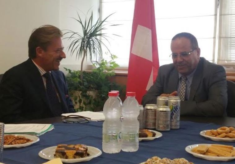 Switzerland’s ambassador to Israel Andreas Baum (Left) and Likud Deputy Minister Ayoub Kara, September 16, 2015