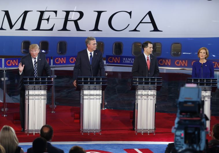 Various Republican US presidential candidates during the second official Republican presidential candidates debate of the 2016 campaign in Simi Valley, California
