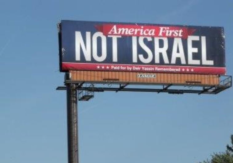 A photo of the billboard reading "America first, not Israel" placed on 8 Mile Road in Detroit
