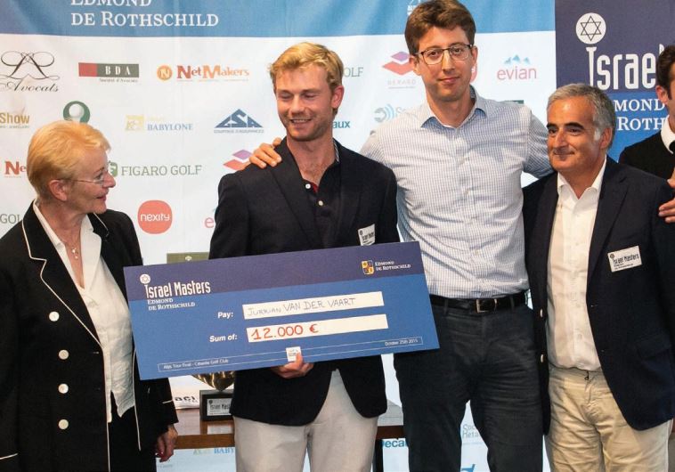Alps Tour Chairman Waltraud Neuwith (L) stands with tournament winner Jurrian Van Der Vaart, International Desk Manager Edmond De Rothschild Group Israel Daniel Goldberg and the event organizer Marc Harari
