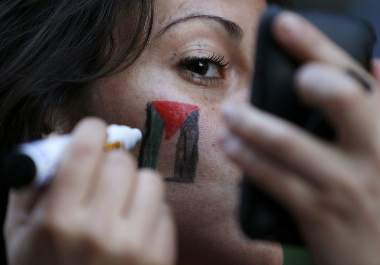 A member of the Palestinian community in Chile paints a Palestinian flag on her face during a protest against Israel's military operations in Gaza