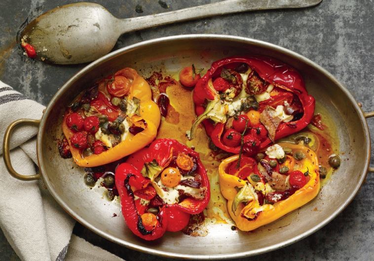 Roasted red peppers with anchovies, tomatoes, goat cheese, olives and capers