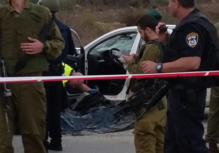 The body of the terrorist killed at the scene of vehicular terror attack near Tapuah Junction on November 8, 2015