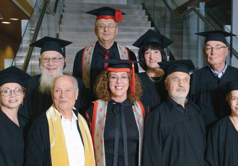 BGU HONOREES (back row, from left) Nobel Prize laureate Prof. Yisrael Aumann, BGU rector Prof. Zvi Hacohen, journalist Judy Siegel-Itzkovich, media personality Yitzhak Livni, (front row, from left) entrepreneur and philanthropist Judith Yovel Recanati, Negev activist Dodik Shoshani, BGU president Ri