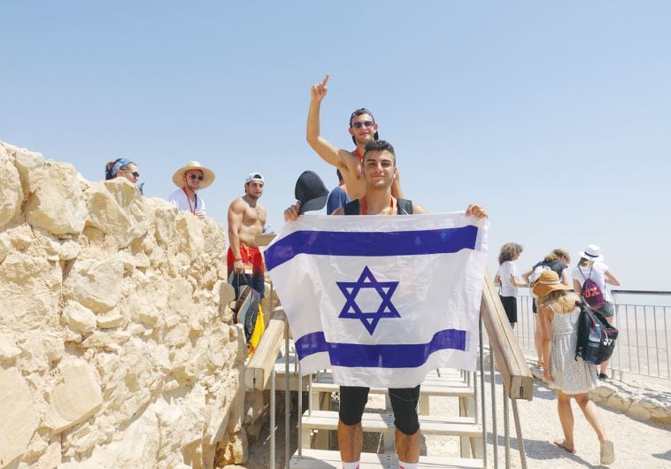 Birthright participants pose on top of Masada.