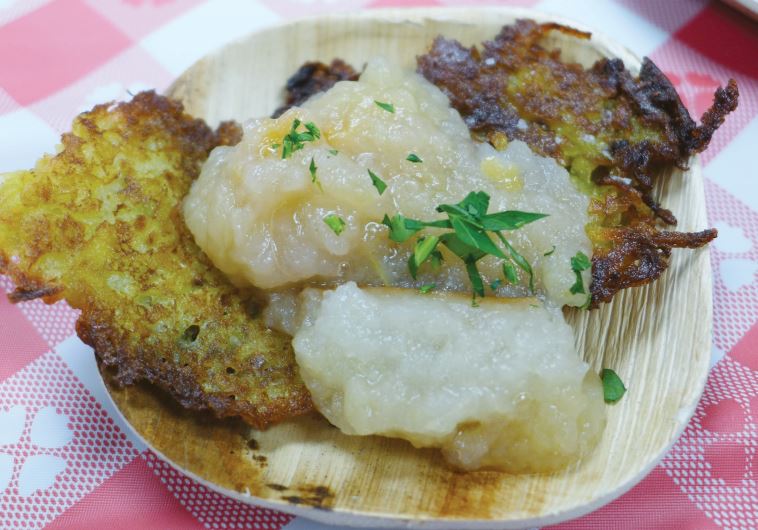 Potato latkes with roasted smashed apples and pears