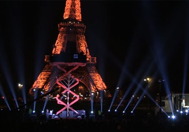 Menorah at base of Eiffel Tower, December 6, 2015