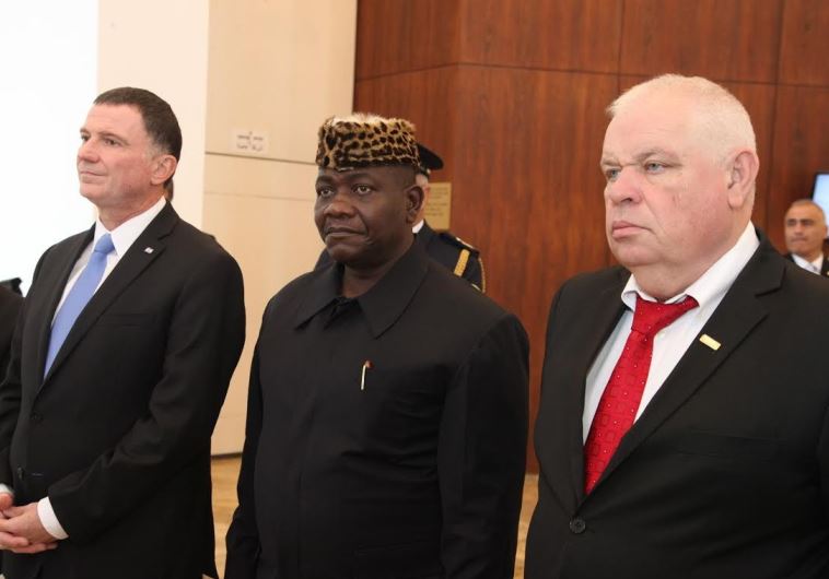 Knesset Speaker Yuli Edelstein and Liberia’s senate president Armah Zullu Jallah, with Knesset Director-General Ronen Plot