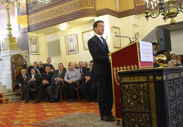 French Prime Minister Manuel Valls delivers a speech at the Nazareth synagogue in Paris ahead of Rosh Hashanah in September
