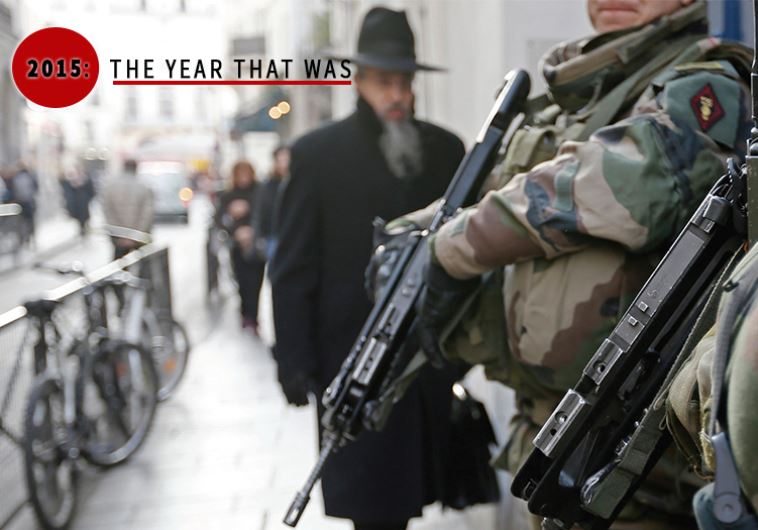 French soldiers patrol the street in a Jewish neighborhood near a religious school and a synagogue as part of the highest level of the ‘Vigipirate’ security plan put in place after the terrorist attacks in Paris