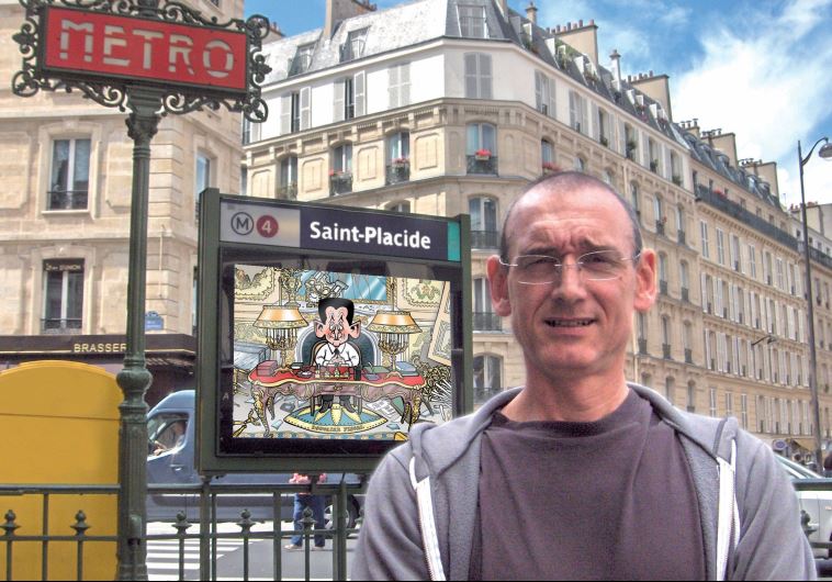 French illustrator Eric Laplace, a.k.a. Placide, outside the Saint-Placide Metro stop in Paris