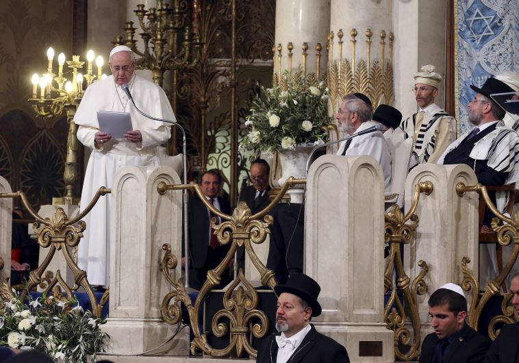 Pope Francis delivers his speech during his visit at Rome's Great Synagogue, Italy January 17, 2016.