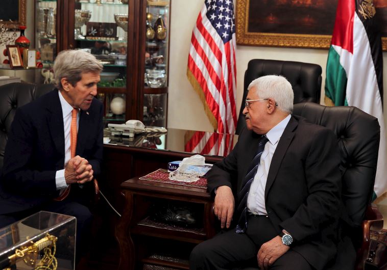 Palestinian President Mahmoud Abbas meets with U.S. Secretary of State John Kerry at Abbas' residence in Amman, Jordan February 21, 2016