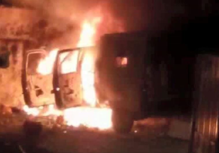 Military vehicle on fire in massive Kalandiya riot