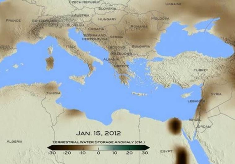 For January 2012, brown shades show the decrease in water storage from the 2002-2015 average in the Mediterranean region. Units in centimeters.