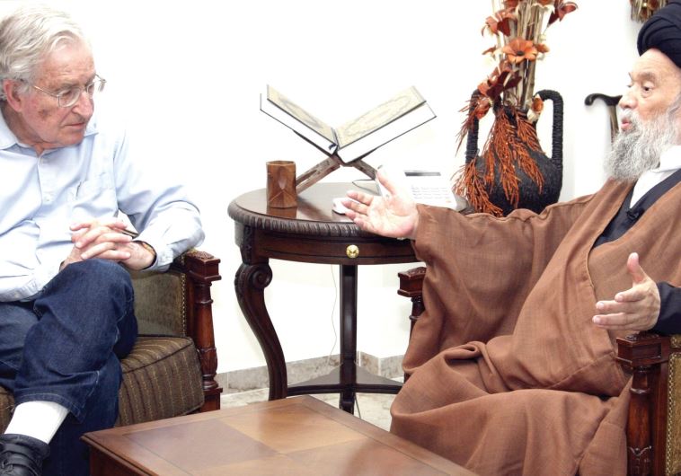 Noam Chomsky, a leading American intellectual highly critical of Israel’s policies toward the Palestinians, meets Hezbollah mentor Grand Ayatollah Mohammed Hussein Fadlallah in Beirut, in 2010