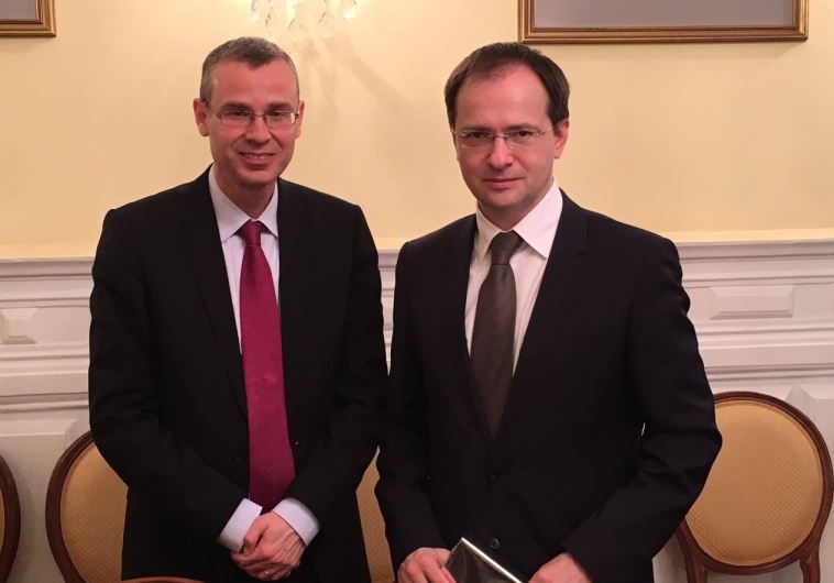 Minister of Tourism Yariv Levin (left) meets with Russia’s Minister of Culture Vladimir Medinsky in Moscow on Wednesday. 