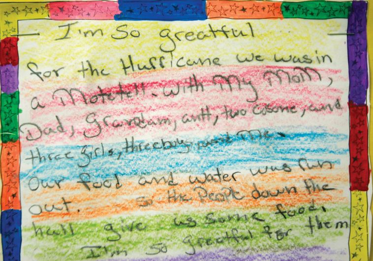 A CHILD’S note, written after Hurricane Katrina, expresses gratitude for food and water, for a motel, for his family and for the people who helped them.