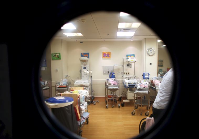Cribs for newborn babies are seen through an window at a nursery in a hospital in Jerusalem, September 10, 2015.