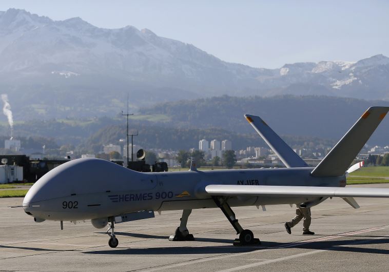 Israel’s Elbit defense contractor is aiming to supply at least 20 systems of its Hermes 450 and Hermes 900 drones, seen here during a presentation at a Swiss airbase