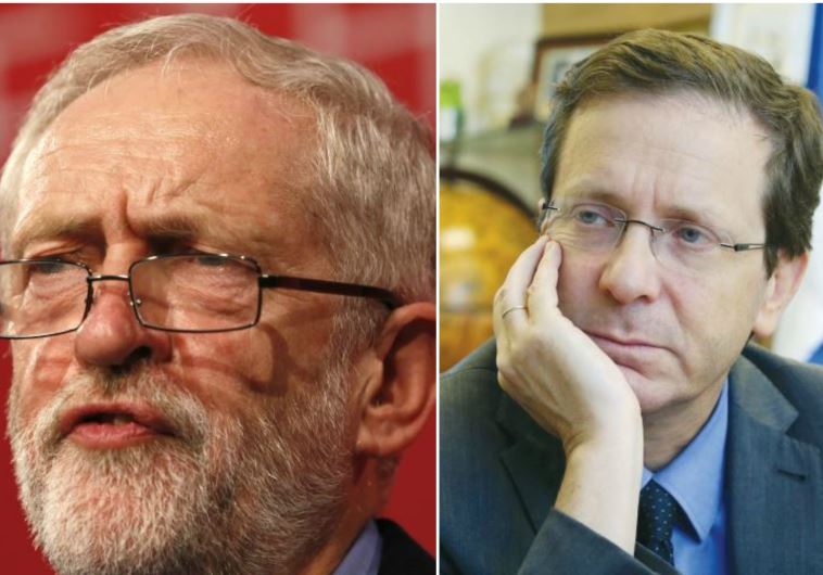Opposition leader Isaac Herzog (Zionist Union) and UK Labor leader Jeremy Corbyn 